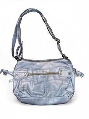 Bueno Silver-Blue Shoulder Bag with Front Zip Detail